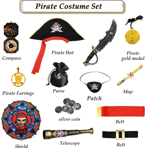 Vista 8 de Latocos Disfraz de pirata para niños, disfraz de juego de rol, disfraz de Halloween, fiesta de cumpleaños, regalos para niños pequeños de 3 a 12 años