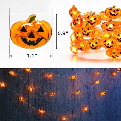 Vista 3 de Luces de calabaza de Halloween, paquete de 2 luces LED de calabaza que