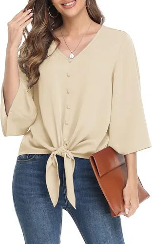Vista 20 de VIISHOW Blusas de verano para mujer, con botones, cuello en V, de gasa, mangas acampanadas de 3/4, con nudo, casuales 01 Blanco