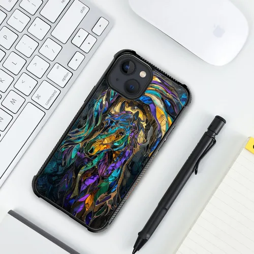 Vista 5 de ZHEGAILIAN Funda compatible con iPhone 15, fundas de caballo de baile de cristal de colores, parte trasera de vidrio templado+funda protectora