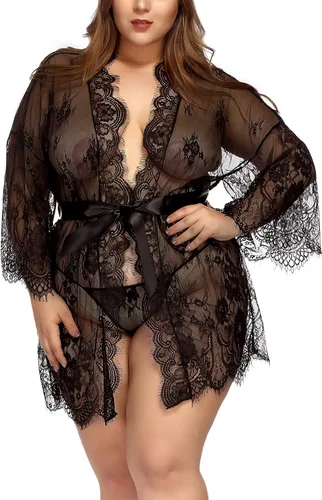Vista 5 de TGD Conjunto de lencería para mujer en tallas grandes Bata de encaje tipo quimono