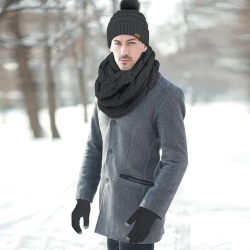 Vista 7 de URATOT Conjuntos de punto cálido de invierno, gorro de punto, bufanda, cubierta facial, guantes para pantalla táctil, para hombres y mujeres