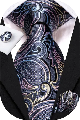 Vista 55 de Hi-Tie Conjunto de corbatas de seda con estampado paisley para hombre, pañuelo de bolsillo y gemelos, conjuntos de corbata formal para negocios a