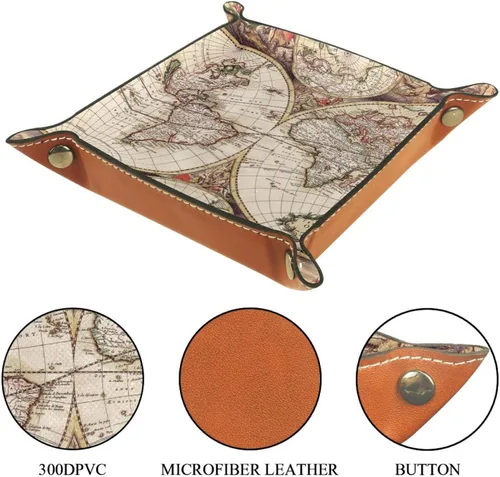 Vista 3 de Bandeja de cuero para hombres y mujeres, bandeja de cuero, bandeja de joyería, bandeja de captación, mapa retro del mundo de la carretera, bandeja