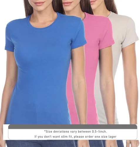 Vista 2 de Pimatee Camisas de manga corta para mujer, 100% algodón, 3 piezas, ajuste delgado, básico, cuello redondo, peso ligero, tela suave