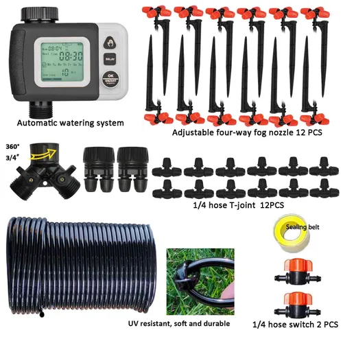 Vista 2 de Kit de riego por goteo Sistema de riego automático con temporizador de agua de 64 pies con tubo de 1/4 y 12 boquillas de riego de lluvia en 4