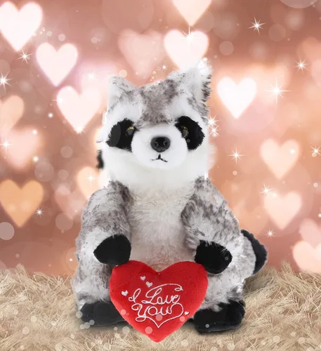 Vista 4 de DolliBu Mapache de peluche con texto en inglés "I Love You", bonito animal de peluche con corazón rojo y nombre, regalo personalizado para el día
