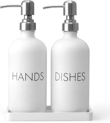 Vista 9 de Juego de dispensador de jabón negro para platos y manos, dispensador de jabón de cocina de vidrio con bandeja y bomba de acero inoxidable