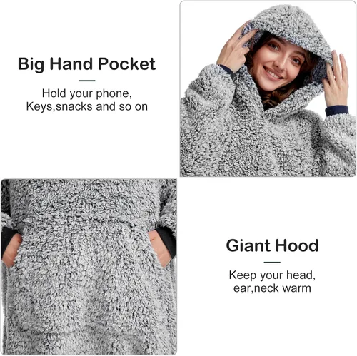 Vista 5 de Manta de sherpa acogedora con capucha para adultos, mujeres, hombres y niños, idea de regalo, manta con capucha, manta de gran tamaño, súper cálida