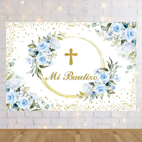Vista 5 de AIBIIN Telón de fondo Mi Bautizo de 7 x 5 pies para niño, color azul, floral, bautismo, primera comunión, fotografía, fondo, bautizo, puntos