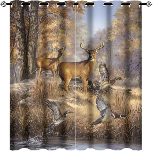 Vista 40 de Cortinas opacas rústicas de cabaña con osos y ciervos - Juego de cortinas de ventana con ojales de temática de granja abstracta, caza, animal