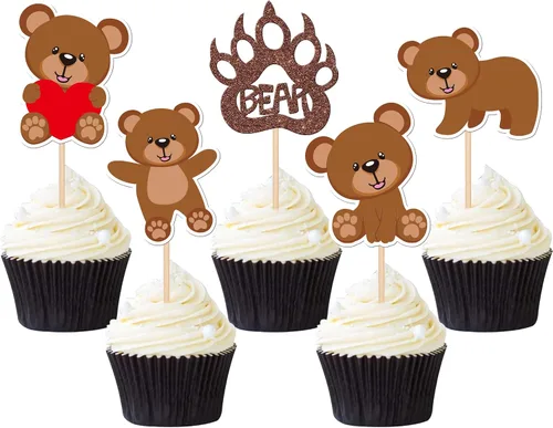 Vista 8 de 24 PIEZAS Oso de Peluche con Texto "We Can Bearly Wait" Adornos de Cupcake con Purpurina, Globo Oso para Revelación de Género, Adornos de Baby