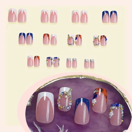 Vista 3 de BABALAL Uñas postizas punk a presión, uñas falsas cortas cuadradas, pegamento de caída de guepardo, uñas acrílicas azules y blancas con punta