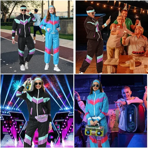 Vista 6 de Traje deportivo de los años 80 para hombres y mujeres, juego de rompevientos retro de los años 90 para parejas de los años 90, traje de los años 80