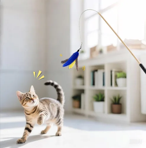 Vista 6 de 10 piezas de repuesto de plumas para gato, varita de repuesto para gatos con clip y campana extraíble, juguetes de plumas para gatos