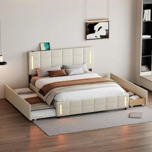 Vista 32 de Cama de plataforma flotante, marco de cama de madera tamaño individual con rayas claras, tela de lino suave y cabecera de diseño capitoné