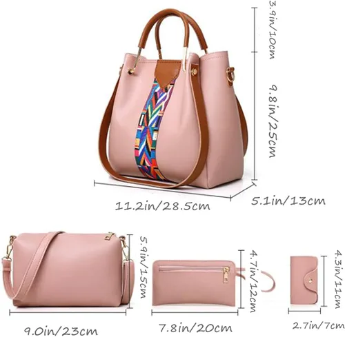 Vista 2 de Bolso de mano y bolso de mano para mujer, bolso de mano con asa superior, bolso de hombro de poliuretano, portatarjetas de embrague de 4 piezas