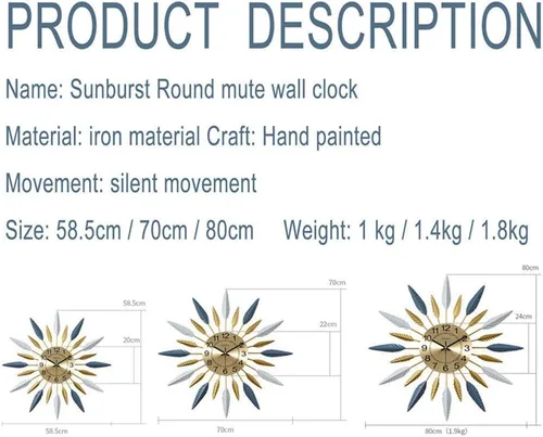 Vista 4 de Clock Wall Clock Large Wall Clock,Retro Feather Geometric Design,Mute Golden Clock,Modern Polychromatic Vintage Metal Wall Clock Kitchen,Blue