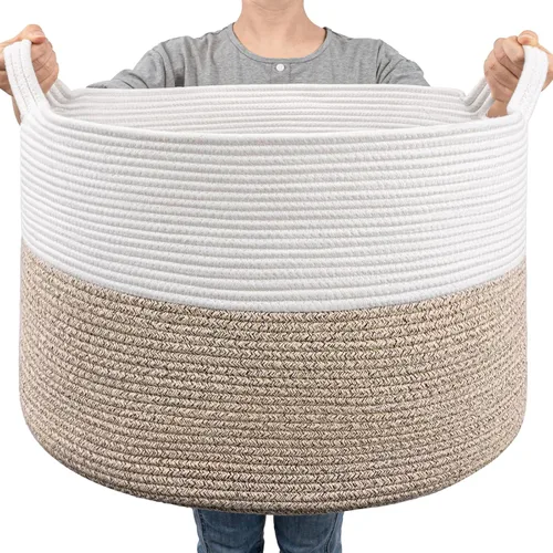 Vista 22 de Goodpick Cesta de manta de 65 litros, 19.7 x 12.6 pulgadas, cesta de cuerda de algodón, para sala de estar, organizadores de juguetes y Todo marrón