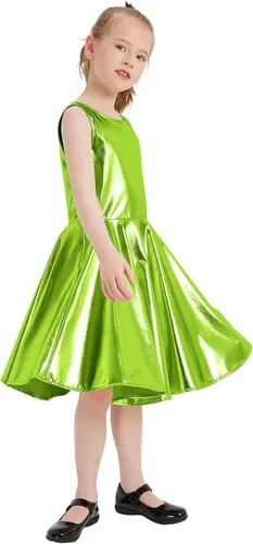 Vista 6 de techcity Vestido metálico brillante para niñas, vestidos plisados acampanados con lentes de sol, ropa de baile para fiesta, disfraces