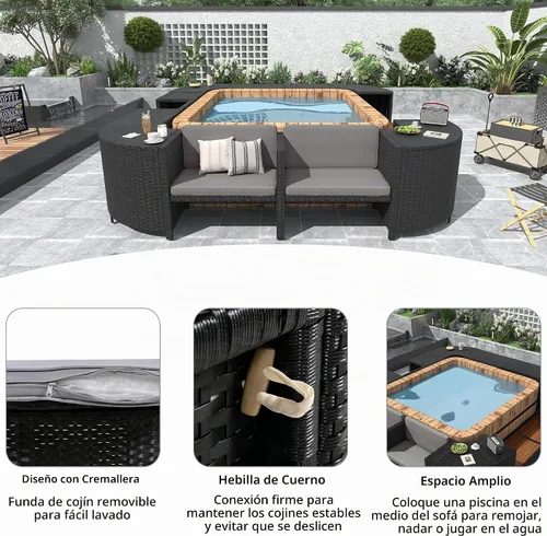 Vista 5 de P PURLOVE Spa Surround, juego de sofá cuadrilátero de ratán para patio Gris