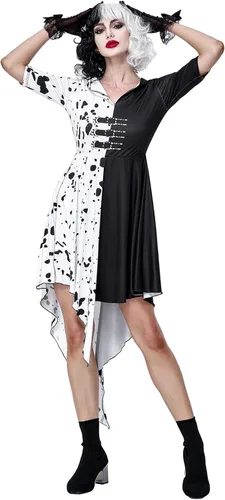 Vista 3 de GIKING Cruella Devil - Disfraz de Halloween para mujer, manga media y larga, color blanco y negro
