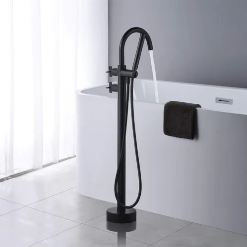 Vista 3 de Grifo de bañera independiente Llenador de bañera Grifos de latón de montaje en piso negro con ducha de mano
