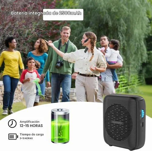 Vista 2 de Amplificador de voz inalámbrico AI con 2 micrófonos inalámbricos (1 micrófono Lavalier y 1 auricular de micrófono), sistema Bluetooth 5.3 PA