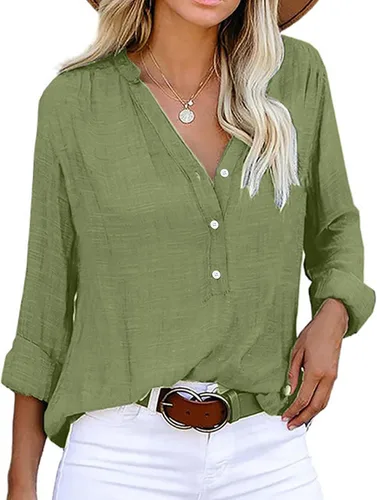 Vista 2 de FEDULKSTORE Camisa casual con botones para mujer, de algodón, lino, con cuello de manga larga, ajuste holgado, cuello en V