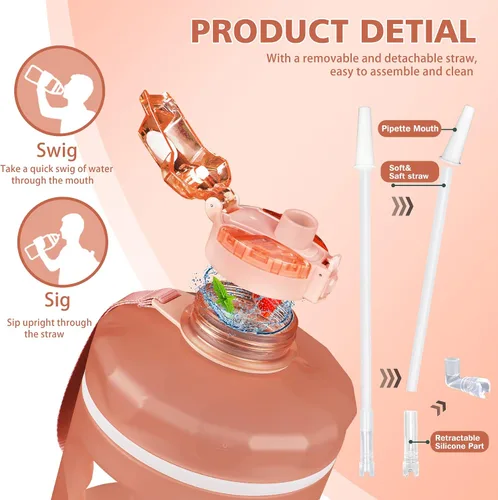 Vista 4 de ZOMAKE - Botella de agua de galón (3.8 l / 2.2 l) con marcador de tiempo y popote, temática motivacional, sin BPA, grande y hermética para fitness