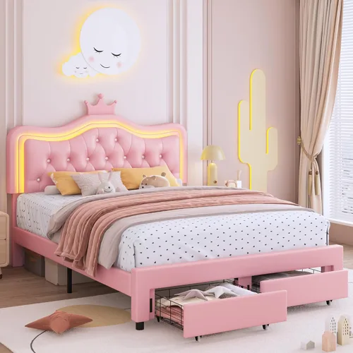 Vista 9 de Marco de Cama LED Tapizada Tamaño Twin con Cajón de Almacenamiento, Cama de Plataforma de Princesa de Cuero con Cabecera de Corona con Botones