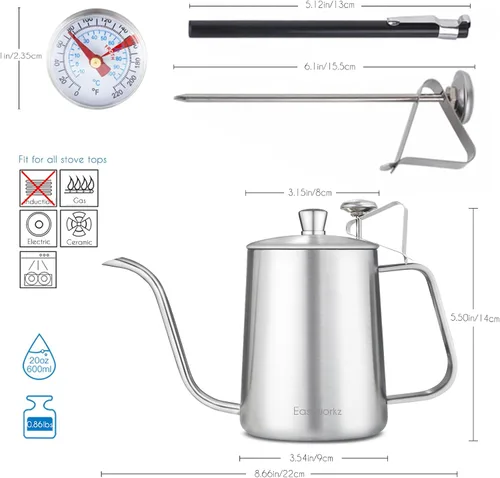 Vista 2 de Easyworkz Gage - Hervidor de café de cuello de cisne para verter sobre 20 onzas con termómetro de acero inoxidable con boquilla larga y estrecha
