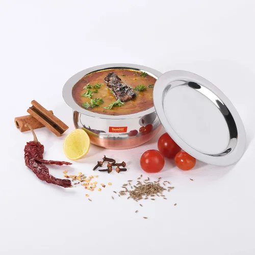 Vista 2 de Sumeet Forma de vientre inferior de cobre de acero inoxidable 2 piezas Tope/Cookware/Pot Set con tapa 1.4Ltr, 1.75Ltr (Plata)