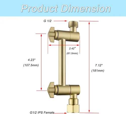 Vista 4 de Brazo de extensión de cabezal de ducha de oro cepillado de 4", Senhozi brazo de extensión de ducha ajustable para cabezal de ducha de lluvia