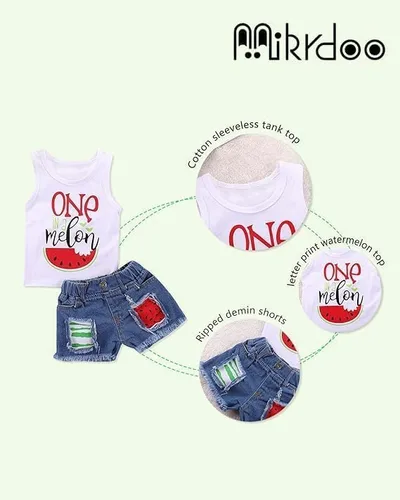 Vista 5 de Mikrdoo Ropa para bebé niña pequeña, trajes de verano camisas, tops rasgados pantalones cortos de mezclilla conjunto de ropa para niña pequeña