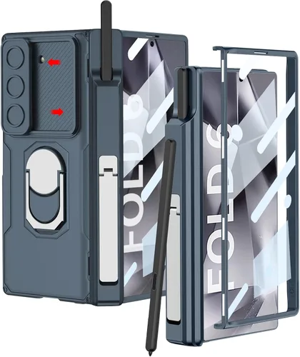 Vista 15 de DOOTOO - Funda para Samsung Galaxy Z Fold 6 con soporte de anillo, Z Fold6 S Pen con soporte y cubierta deslizante para cámara y protector de A-azul