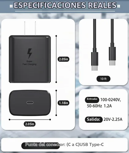 Vista 7 de 2025 Nuevo Cargador Súper Rápido de 45W Tipo C 3.0 Paquete de 2 con Cable de Carga Tipo C de 10 Pies - Cargador de Repuesto de 45W USB-C