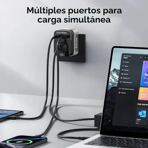 Vista 4 de Adaptador de viaje universal de 45 W, GaN Fast Wall Charger Outlet con puertos PD 3.0 USB-C y USB-A, adaptador de enchufe protegido contra