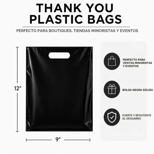 Vista 2 de Paquete de 100 bolsas de compras de plástico negro con asas troqueladas, tamaño de 9 x 12 pulgadas