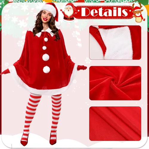 Vista 3 de Janmercy Conjunto de disfraz de Papá Noel, trajes de Navidad con vestido de terciopelocapa, medias altas hasta el muslo, guantes y sombrero de Santa