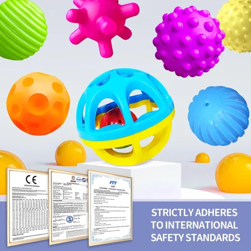 Vista 4 de Pelotas sensoriales, juguetes Montessori con sonajero de bebé de 3 a 6 meses 6 Multiple Textured Stress Balls with Blue Rattle, Bright