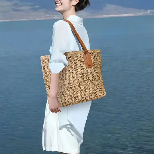 Vista 5 de Fozehlad Womens Straw Beach Tote Bag with Zipper,Summer Straw Hobo Bags,Woven Rattan Handmade Shoulder Handbags for vacation