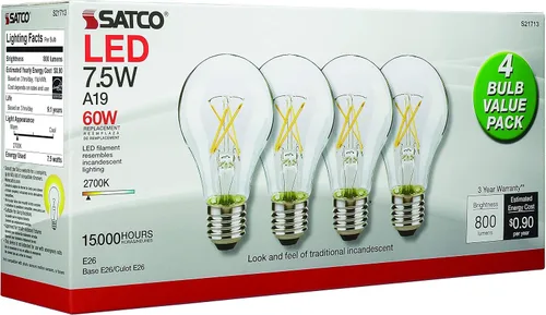 Vista 3 de Satco S21713 7.5W; LED A19; transparente; 2700 K; Base media; 120 V; 16 bombillas
