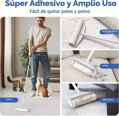 Vista 3 de Rodillos de pelusa grandes para alfombras, rodillos adhesivos para piso DELOMO de 9.45 pulgadas con 3 mangos extensibles, trapeador adhesivo