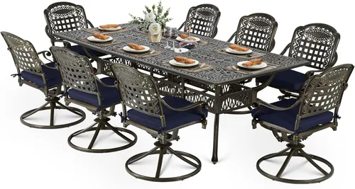 Vista 26 de VIVIJASON Juego de comedor al aire libre de 9 piezas, juego de mesa y sillas de patio de aluminio fundido para 8, incluye mesa rectangular de 94.5