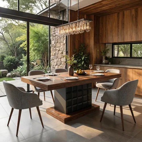 Vista 3 de Tribesigns Mesa de comedor de 63 pulgadas para 4-6, mesa rectangular de madera de granja con relieve geométrico, base de pedestal (café y negro)