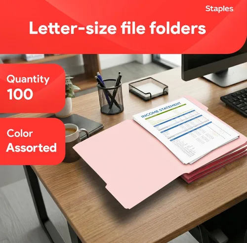 Vista 2 de Staples Carpetas de archivos de colores, tamaño carta, diseño de pestaña superior de 3 pestañas, papel duradero de 10.5 puntos, paquete de 100
