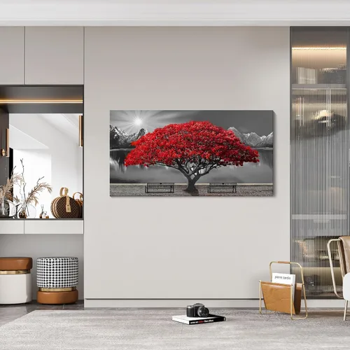Vista 7 de Mofutinpo Arte de Pared de Árbol Rojo en Blanco y Negro Impresión en Lienzo Cuadro Paisaje de Árbol Rojo Grande Obra de Arte Moderna para Sala