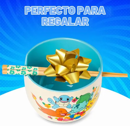 Vista 7 de Silver Buffalo Pokemon Spring Flowers con Pikachu, Bulbasaur, Squirtle y Charmander Tazón de cerámica para fideos ramen y arroz con palillos, apto