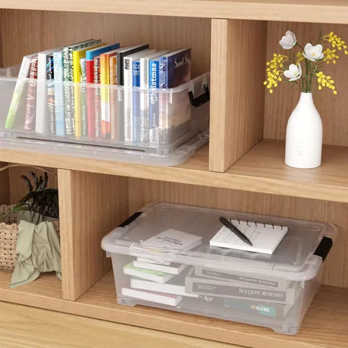 Vista 5 de Paquete de 4 contenedores de plástico de 20 L para debajo de la cama con rueda, cajas de almacenamiento planas transparentes